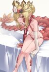  1girl absurdres ahoge blonde_hair braid breasts crown dragon_tail elbow_gloves facial_mark fate/grand_order fate_(series) feet_out_of_frame french_braid galbany_(tsgororin) gloves gold_crown hair_bun heavy_breathing highres looking_at_viewer navel nero_claudius_(fate) on_bed open_mouth pointed_crown pointy_ears queen_draco_(fate) queen_draco_(second_ascension)_(fate) red_eyes revealing_clothes scales single_glove sitting small_breasts solo sweat tail white_gloves 