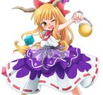  belt blonde_hair bow chain fang hair_bow horns ibuki_suika long_hair machiko_(beard) one_eye_closed orange_eyes sleeveless solo touhou wrist_cuffs yellow_eyes 