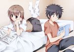  1girl bed black_hair brown_eyes brown_hair kamijou_touma kue magazine misaka_mikoto reading school_uniform short_hair to_aru_kagaku_no_railgun to_aru_majutsu_no_index 