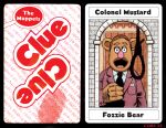 2023 4_fingers anthro bear big_nose black_border border brown_body brown_facial_hair brown_fur brown_mustache bruce_mccorkindale card clothing clue_(film) cluedo crossover english_text eyebrows facial_hair fingerprint fingers fozzie_bear fur hasbro jacket looking_at_viewer magnifying_glass male mammal mansion muppet muppets mustache necktie noose parody pink_nose playing_card rope shirt signature silhouette solo tabletop_game text the_muppet_show thick_eyebrows topwear white_clothing white_shirt white_topwear window