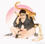  1boy animal_on_shoulder bara belly cat cat_on_shoulder cherry_blossoms chinese_clothes crossed_legs elbow_rest full_body glasses highres lovesheng1314 male_focus original plump sleeping solo thick_eyebrows tree 