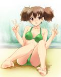  barefoot bikini brown_eyes brown_hair double_v feet hands k-on! kaiga long_legs short_hair smile soles solo suzuki_jun swimsuit toes v 