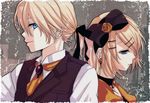  1girl aku_no_meshitsukai_(vocaloid) aku_no_musume_(vocaloid) allen_avadonia back-to-back blonde_hair blue_eyes bow brother_and_sister earrings evillious_nendaiki hair_bow hair_ornament hair_ribbon hairclip jewelry kagamine_len kagamine_rin ponytail ribbon riliane_lucifen_d'autriche short_hair siblings twins vocaloid yamako_(state_of_children) 