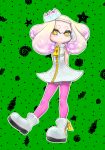  1girl arms_behind_back blonde_hair boots breasts cross-shaped_pupils crown dress full_body gradient_hair green_background highres inkling koharu2.5 medium_breasts medium_hair multicolored_hair outline pantyhose pearl_(splatoon) pink_hair pink_pantyhose sleeveless sleeveless_dress solo splatoon_(series) splatoon_2 symbol-shaped_pupils tentacle_hair two-tone_hair white_dress white_footwear white_outline yellow_eyes zipper zipper_pull_tab 