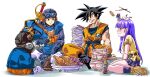  2girls 3boys baseball_cap black_eyes black_hair blue_hair blue_tunic bowl bowl_stack character_request chicken_(food) chicken_leg chopsticks creator_and_creation crossover dougi dr._slump dragon_ball dragon_ball_z dragon_quest dragon_quest_ii eating erdrick&#039;s_shield food gas_mask glasses goggles goggles_on_head goggles_on_headwear hat highres long_hair looking_at_another mask mini_person minigirl multiple_boys multiple_girls noodles norimaki_arale open_mouth plate plate_stack pocky prince_of_lorasia purple_eyes purple_hair relaxing sand_land sauce senomoto_hisashi sitting smile son_goku spiked_hair spoon sword toriyama_akira_(character) trait_connection weapon white_background wristband 