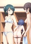  3girls absurdres aqua_hair arms_behind_back ass back blue_eyes blurry blush bow bow_panties bra breasts brown_hair brown_panties changing_room chestnut_mouth depth_of_field hair_bow hair_ornament highres holding holding_towel indoors long_hair looking_at_another medium_breasts multiple_girls nipples nude open_mouth original panties panty_pull ponytail purple_hair raraserara red_eyes short_ponytail towel underwear underwear_only undressing white_bra white_panties 