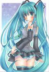  aqua_eyes aqua_hair blush detached_sleeves from_behind hatsune_miku headset long_hair looking_back necktie panties pantyshot shinonome86 skirt solo striped striped_panties thighhighs traditional_media twintails underwear very_long_hair vocaloid 