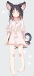  1girl animal_ear_fluff animal_ears barefoot black_hair brown_eyes brown_hair closed_mouth collarbone commentary_request daidai_ookami full_body grey_background highres long_hair looking_at_viewer multicolored_hair original parted_bangs shirt short_sleeves simple_background solo tail two-tone_hair very_long_hair white_shirt 