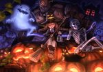  bat black_cat blonde_hair boots bow braid broom cat cloak fangs ghost glowing glowing_eyes golem halloween hat jack-o'-lantern open_mouth original pink_eyes pumpkin sitting skeleton thighhighs twin_braids white_legwear witch witch_hat won_(toufunokado) 