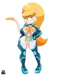  absurd_res anthro blonde_hair blue_clothing blue_suit breasts clothing cranebear domestic_cat felid feline felis female footwear genitals green_eyes hair hi_res high_heels jessica_young_melis long_hair long_tail mammal pinup pose pussy solo suit tail 