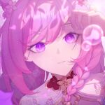  1girl braid bubble commentary diamond-shaped_pupils diamond_(shape) elysia_(herrscher_of_human:ego)_(honkai_impact) elysia_(honkai_impact) elysia_(peachy_spring)_(honkai_impact) english_commentary eun_(eunice) flower hair_between_eyes hair_flower hair_ornament hand_up honkai_(series) honkai_impact_3rd long_hair looking_up official_alternate_costume parted_lips pink_hair pink_pupils pink_theme portrait purple_eyes shade side_braid sidelocks single_braid solo symbol-shaped_pupils 