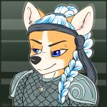 absurd_res accessory anthro armor blue_highlights braided_hair braided_ponytail bust_portrait canid canine canis dingoed domestic_dog female fur hair headband herding_dog hi_res highlights_(coloring) jewelry mammal necklace pastoral_dog ponytail ponytail_over_shoulder portrait scalemail shoulder_pads smug solo star teysa_(golddrake) tomboy welsh_corgi white_hair yellow_body yellow_fur