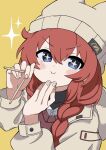  +_+ 1girl absurdres beanie blue_archive blue_eyes blush_stickers braid brown_shirt chopsticks closed_mouth dot_nose eating grey_hat hair_between_eyes hand_on_own_face hat highres holding holding_chopsticks jacket kuzuuo long_hair long_sleeves looking_at_viewer maki_(blue_archive) maki_(camp)_(blue_archive) official_alternate_costume official_alternate_hairstyle open_clothes open_jacket puffy_cheeks puffy_long_sleeves puffy_sleeves red_hair shirt simple_background smile solo sparkle sparkling_eyes twin_braids upper_body v-shaped_eyebrows white_jacket white_shirt yellow_background 