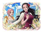  2girls aunt_and_niece braid braided_ponytail breasts brown_eyes brown_hair cape dress earrings english_commentary flower frilled_dress frills hair_flower hair_ornament happy holding holding_newspaper jewelry large_breasts looking_at_another multiple_girls necklace newspaper official_art one_piece one_piece_treasure_cruise open_mouth orange_dress pearl_earrings pearl_necklace pink_hair rebecca_(one_piece) red_flower smile teeth turtleneck turtleneck_dress viola_(one_piece) 