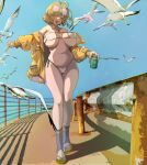  1girl ahoge anis_(nikke) anis_(sparkling_summer)_(nikke) aviator_sunglasses bare_shoulders bikini blush breasts brown_hair cameltoe can covered_nipples drink_can eyepatch_bikini eyewear_on_head goddess_of_victory:_nikke highres holding holding_can jacket jewelry large_breasts looking_at_viewer navel necklace official_alternate_costume okota_(pixiv) short_hair skindentation smile soda_can solo star_(symbol) star_necklace sunglasses sweat swimsuit thighs tinted_eyewear white_bikini yellow_jacket 