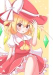  1girl :p absurdres ako_oekaki arm_up ascot blonde_hair blush bow crystal_wings dot_nose feet_out_of_frame flandre_scarlet frilled_bow frilled_shirt_collar frilled_skirt frilled_sleeves frills hair_between_eyes hand_on_headwear hat hat_bow heart heart_in_eye highres looking_at_viewer medium_hair puffy_short_sleeves puffy_sleeves red_eyes red_hat red_skirt red_vest shirt short_sleeves sitting skirt solo sound_effects symbol_in_eye tongue tongue_out touhou vest white_bow white_shirt yellow_ascot yellow_background 
