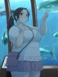  1girl aquarium bag between_breasts blue_background blurry blurry_background breasts brown_eyes brown_hair character_request cleavage clenched_hands clenched_teeth commentary_request copyright_request cowboy_shot fish handbag highres katou_(katohayabusa) large_breasts open_mouth plump pointing ponytail shirt short_sleeves skirt solo strap_between_breasts tareme teeth thick_arms thick_thighs thighs white_shirt 
