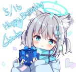  1girl animal_ear_fluff animal_ears blue_archive blue_eyes blue_halo blue_hoodie blue_scarf blush cross_hair_ornament dated ears_visible_through_hair extra_ears fingernails gift grey_hair hair_ornament halo happy_birthday heart holding holding_gift hood hood_down hoodie long_sleeves looking_at_viewer medium_hair mismatched_pupils open_mouth scarf shiroko_(blue_archive) simple_background solo subin_(subin_2011) two_side_up white_background wolf_ears 