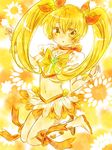  aguri_(aguri0406-aoi) bad_id bad_pixiv_id blonde_hair boots bow choker cure_sunshine floral_background hair_ribbon heart heartcatch_precure! instrument knee_boots long_hair magical_girl midriff myoudouin_itsuki navel orange_bow orange_choker orange_skirt precure ribbon skirt solo tambourine twintails yellow yellow_background yellow_bow yellow_eyes 