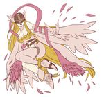  angel angewomon anklet armor bare_shoulders belt blonde_hair boots breastplate breasts cleavage detached_sleeves digimon digimon_adventure feathers gloves helmet high_heels jewelry long_hair medium_breasts midriff navel open_mouth outstretched_arms ribbon shoes solo spread_arms suzuki_hayase wings 
