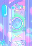  absurdres building glass_door highres japan lantern laundromat night no_humans orb original owakita paper_lantern pastel_colors plant potted_plant scenery sliding_doors tile_floor tile_wall tiles vaporwave washing_machine 