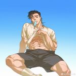 abs bara black_hair calf clothes_lift eyebrow_cut feet_out_of_frame food food_in_mouth highres large_pectorals lifted_by_self looking_at_viewer lovesheng1314 male_focus medium_hair muscular muscular_male navel one_eye_closed original pectorals popsicle popsicle_in_mouth shirt_lift short_shorts shorts sitting spread_legs thick_eyebrows underpec 