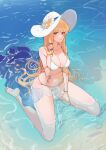  1girl absurdres angelica_(brown_dust) arm_under_breasts bikini blonde_hair bracelet breasts brown_dust_2 closed_mouth english_commentary eyebrows_hidden_by_hair flower full_body groin hat hat_flower highres in_water jewelry large_breasts light_blush long_hair looking_at_viewer melloow navel ocean red_eyes sitting soles solo stomach sun_hat swimsuit toes very_long_hair wariza wet wet_clothes wet_hair white_bikini white_hat 