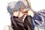  1boy 1girl anastasia_(fate) bags_under_eyes bare_shoulders black_shirt blue_jacket borrowed_clothes choker closed_eyes closed_mouth dress ear_piercing earrings fate/grand_order fate_(series) front-to-back fur-trimmed_jacket fur_trim gold_choker gold_hairband grey_hair hair_between_eyes hairband hand_on_another&#039;s_shoulder hand_up hetero jacket jewelry kadoc_zemlupus kiss light_blush long_hair long_sleeves neck_piercing off_shoulder piercing shirt short_hair simple_background sleeveless sleeveless_dress surprise_kiss surprised tsengyun upper_body white_background white_dress white_hair wide-eyed yellow_eyes 
