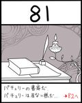  candle lowres monochrome no_humans quill spot_color still_life touhou translated uni_mate 
