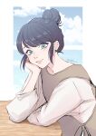  1girl blue_eyes blue_hair blue_sky chigico_u closed_mouth cloud cloudy_sky earrings hair_bun hand_on_own_chest highres jewelry light_blush looking_at_viewer marinette_dupain-cheng miraculous_ladybug shirt sky smile solo table upper_body white_shirt 