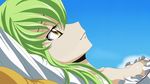 1girl arms_up breasts c.c. cloud code_geass day green_hair long_hair lying medium_breasts sky solo 