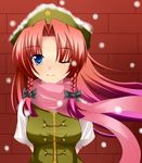  arms_behind_back bad_id bad_pixiv_id blue_eyes blush braid hat hong_meiling long_hair one_eye_closed red_hair scarf smile snow solo touhou twin_braids yappen 