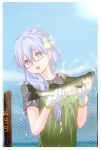  1girl 22/7 animal blue_eyes blue_hair braid bxtbsy7q76gxh73 fish glasses gloves hair_ornament highres holding holding_animal holding_fish light_blue_hair long_hair looking_at_viewer maruyama_akane open_mouth outdoors semi-rimless_eyewear smile solo teeth timestamp upper_body 