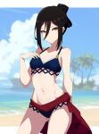  1girl absurdres ai-assisted ass_visible_through_thighs beach bikini black_hair blue_bikini blurry blurry_background breasts brown_eyes cowboy_shot folded_ponytail guilegaze hair_between_eyes hand_on_own_chest highres looking_at_viewer morag_ladair_(xenoblade) navel red_sash sash small_breasts solo swimsuit twintails xenoblade_chronicles_(series) xenoblade_chronicles_2 