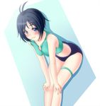  ahoge bent_over bikini black_eyes black_hair blush idolmaster idolmaster_(classic) idolmaster_2 kikuchi_makoto midriff oyu-san short_hair skindentation solo sports_bikini swimsuit 