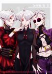  3girls a.k.i._(street_fighter) albino asymmetrical_hair atgrbread breasts bridal_gauntlets cheek_poking chinese_clothes cleavage crossed_arms dress earrings frilled_dress frills glasses hair_over_one_eye hair_slicked_back highres impossible_hair jewelry mole mole_under_mouth multiple_girls multiple_persona official_alternate_costume official_alternate_hairstyle opaque_glasses pale_skin parted_lips poking red_dress red_eyes round_eyewear scale_print sidecut street_fighter street_fighter_6 tassel tassel_earrings undercut 