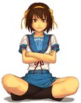  bad_id bad_pixiv_id belt black_legwear brown_eyes brown_hair crossed_arms hair_ribbon indian_style kita_high_school_uniform kneehighs no_shoes ribbon school_uniform serafuku short_hair simple_background sitting socks solo suzumiya_haruhi suzumiya_haruhi_no_yuuutsu yuuji_(and) 