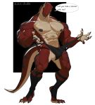  abs absurd_res anthro balls biceps claws cxcxxcxxxx digitigrade dinosaur finger_claws genitals hi_res male muscular muscular_anthro muscular_male nipples pecs reptile scalie simple_background solo speech_bubble tail teeth toe_claws white_background 