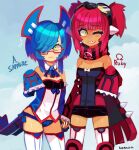  2girls alpha_symbol blue_hair blue_panties blue_shirt blush bow breasts detached_collar detached_sleeves embarrassed frilled_sleeves frills glasses goggles greek_letters groudon hair_over_eyes holding_hands hopebiscuit humanization kyogre long_sleeves multiple_girls omega_symbol one_eye_closed open_mouth panties personification pokemon pokemon_oras red-framed_eyewear red_hair red_scarf red_shirt scarf sharp_teeth shirt short_hair short_shorts shorts simple_background smile spikes sweat tan teeth thighhighs twintails underwear white_nails white_thighhighs yellow_eyes 