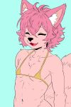 anthro bikini bikini_top bottomless canid canine clothed clothing digital_media_(artwork) femboy fokkuzu fox golden_week hair hair_over_eyes hi_res looking_at_viewer male mammal open_mouth partially_clothed pink_body pink_hair sawyer_(fokkuzu) simple_background smile solo swimwear tail