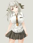  arutoria blush bow breasts brown_eyes hair_bow huge_breasts necktie original pointy_ears silver_hair simple_background skirt smile solo 