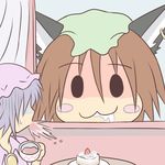  :3 animal_ears blush_stickers cake cat_ears chen drooling earrings food giantess hat jewelry lee_(monsterheart) multiple_girls remilia_scarlet short_hair spit_take spitting surprised tea touhou 