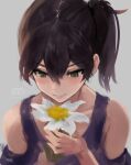  1girl artist_name bare_shoulders brown_hair close-up commentary_request double-parted_bangs flower from_above grey_background grey_eyes haruto_(harut_n) high_side_ponytail holding holding_flower kaga_(kancolle) kantai_collection looking_at_object medium_hair pink_lips purple_shirt shirt signature simple_background smile solo upper_body white_flower 