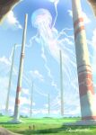  2others blue_sky cloud creature day fantasy highres jellyfish katou_oswaldo multiple_others original pillar scenery signature sky 