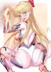  1girl absurdres aino_minako arion_canvas ass bishoujo_senshi_sailor_moon blonde_hair blue_eyes bodysuit bow breasts chain highres large_breasts long_hair looking_at_viewer looking_back magical_girl open_mouth red_bow sailor_venus skin_tight smile solo very_long_hair 