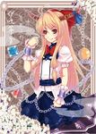  ahoge blonde_hair bow bowtie brown_eyes chain cuffs fang hair_bow horns ibuki_suika kugi_ta_hori_taira solo touhou wrist_cuffs 