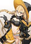 1girl aesc_(fate) aesc_(rain_witch)_(fate) ahoge belt black_bow black_gloves black_jacket blonde_hair blue_eyes blurry book boots bow braid breasts cape cleavage depth_of_field fate/grand_order fate_(series) glasses gloves hair_bow hat highres holding holding_book jacket long_hair looking_at_viewer low_twin_braids navel red-framed_eyewear romo827 short_shorts shorts sidelocks smile solo thigh_boots thigh_strap twin_braids twitter_username white_shorts wide_brim 