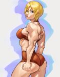  1girl alternate_hairstyle blonde_hair blue_eyes choker clenched_hands dlusional frown highres looking_back metroid muscular muscular_female samus_aran short_hair solo white_background 