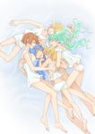  3girls aqua_hair barefoot blonde_hair bloomers blue_hair blue_scarf brown_hair closed_eyes everyone feet hatsune_miku kagamine_len kagamine_rin kaito leg_between_thighs long_hair lying meiko multiple_boys multiple_girls naked_scarf nude on_back on_side scarf short_hair sleeping tayuta_sango twintails underwear vocaloid 