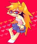  alternate_hairstyle bespectacled blonde_hair blue_eyes glasses grin long_hair mgi official_style panty_&amp;_stocking_with_garterbelt panty_(psg) ponytail skirt smile solo 